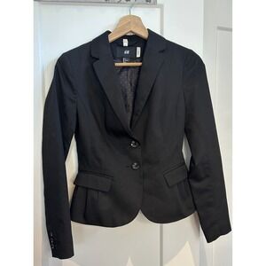 HM Womens Black Tailored Blazer Two Button Polka Dot Lining Size 4 Office Career